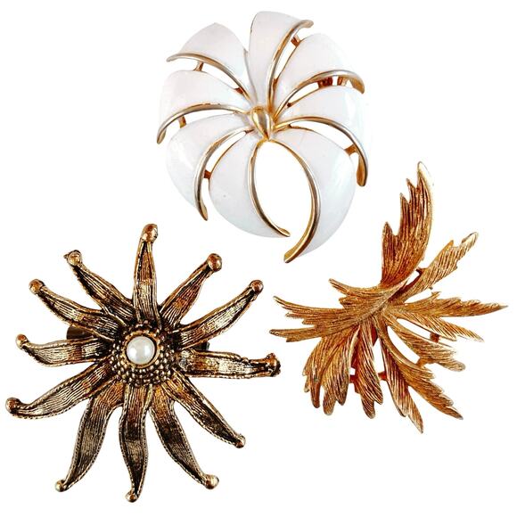 VTG Lot 3 Mid Century Modernist Abstract Gold Tone Enamel Brooches 1960s 70s - Picture 1 of 10